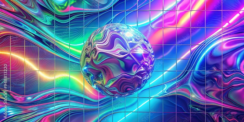 Poster vibrant colorful abstract swirling patterns dynamic textures reflections light shapes sphere