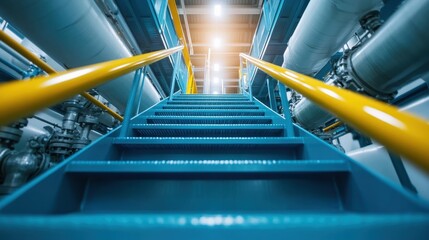 A vibrant blue metal spiral staircase in the heart of a contemporary industrial plant, signifying the synergy between structural design and industrial functionality.