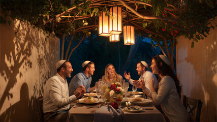 Family Enjoying Sukkot Dinner Under a Lantern-Lit Sukkah at Night
