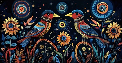 Naklejka premium Artistic representation of birds in an African Ndebele art style, using intricate patterns and vibrant colors to depict them amidst flowers on the ground.