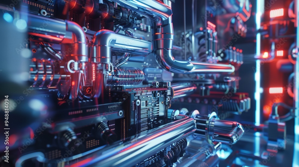 Canvas Prints Closeup of intricate futuristic machinery with glowing red and blue lights.