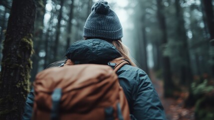 A hiker, from the back, walking through a misty forest wearing a grey beanie and backpack. This image captures the spirit of adventure and the tranquility of nature.