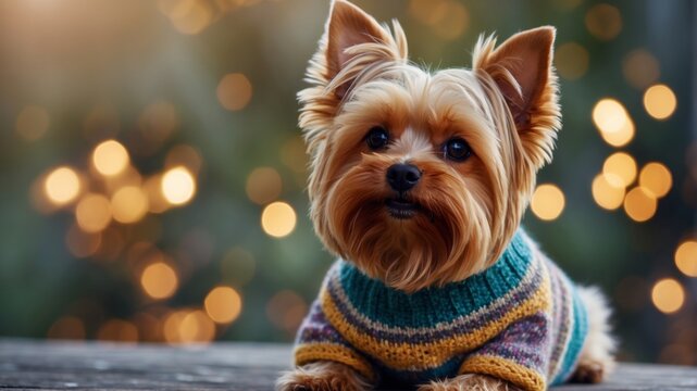 Cute Yorkshire Terrier wearing a colorful knitted sweater.