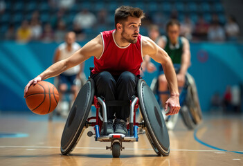 Wheelchair basketball indoor, dynamic game : player dribbling and trying to apply tactics.  Individual effort,  strategy and skill of a para-athlete.