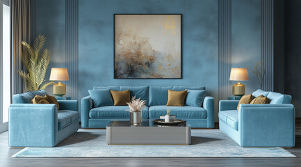 Blue Sofa in Contemporary Living Room 3D Render

