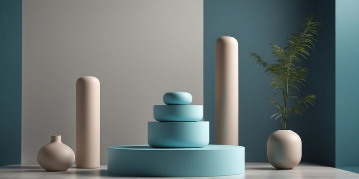 cyan color minimal concept cylinder pedestal or podium for product showcase display on empty background.