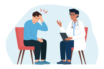 The patient and the doctor are talking in the office. Man with headache visits doctor. Physician consults patient, diagnoses, prescribes treatment.Vector flat  illustration.
