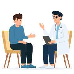 Obraz premium Medicine concept with a doctor and patient in hospital medical office. Consultation and diagnosis. Vector illustration flat style