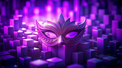 Purple masquerade mask floating above glowing cubic structures

