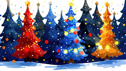 Christmas trees glowing in the forest