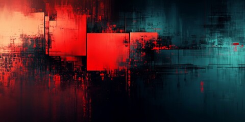A captivating digital art piece combining elements of glitch art with bold red geometric shapes on a dark background
