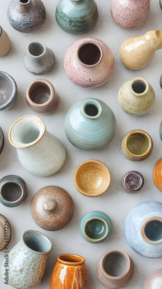 Wall mural an array of colorful pottery pieces showcasing different glazes and textures on a neutral backdrop