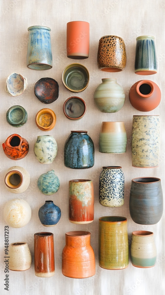 Canvas Prints an array of colorful pottery pieces showcasing different glazes and textures on a neutral backdrop