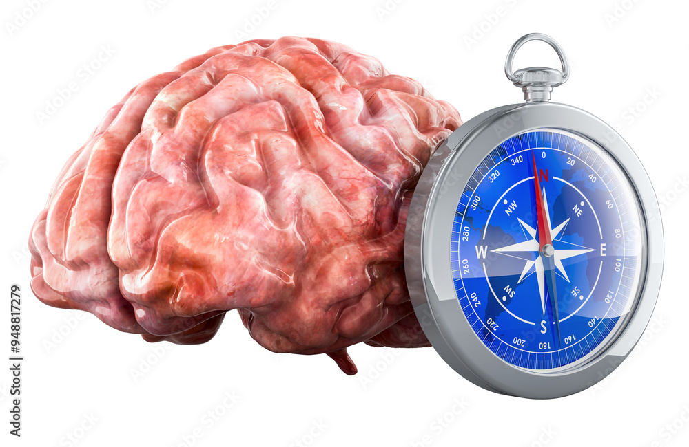 Poster human brain with compass, 3d rendering isolated on transparent background