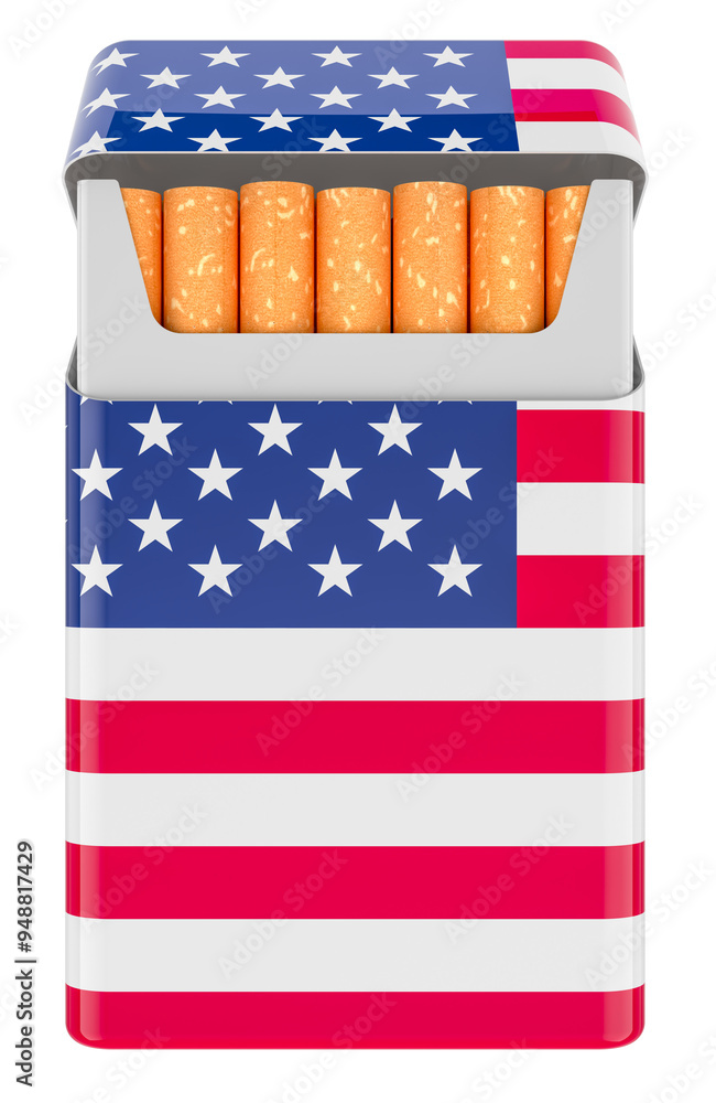Poster pack of cigarettes with the usa flag. 3d rendering isolated on transparent background