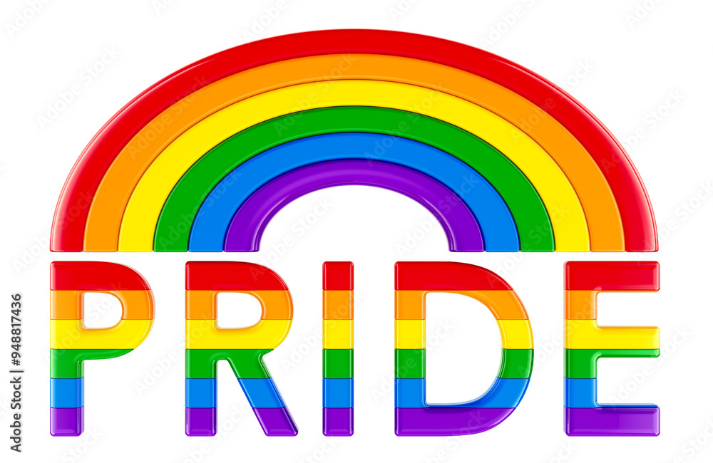 Poster rainbow with pride rainbow text lgbt flag. 3d rendering isolated on transparent background