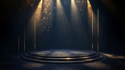 Dark background, podium with golden light beams, award ceremony concept