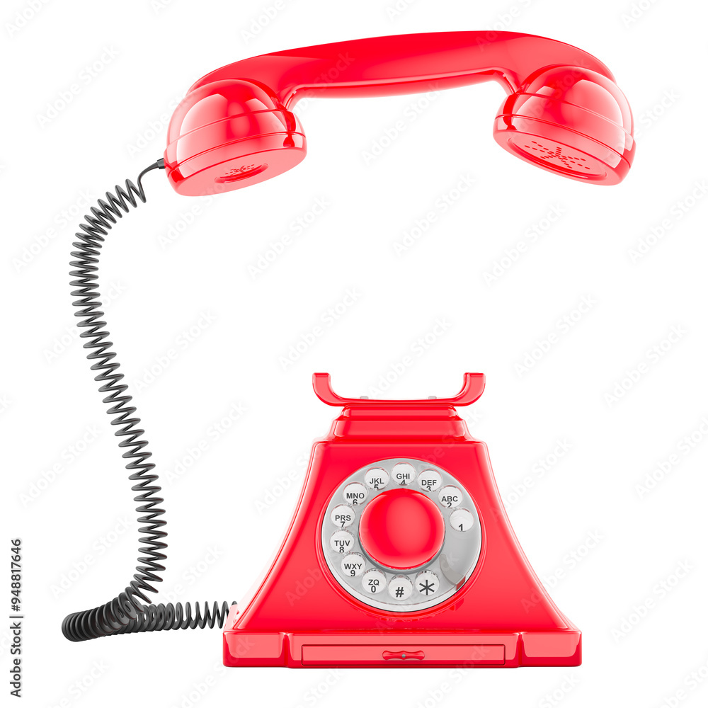 Poster red vintage phone with lifted handset receiver. 3d rendering isolated on transparent background