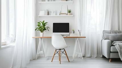 Modern Home Office Desk with White Chair and Natural Light.