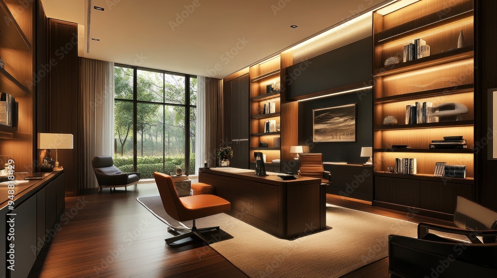 Poster Modern Office Interior with Warm Lighting and Large Window.