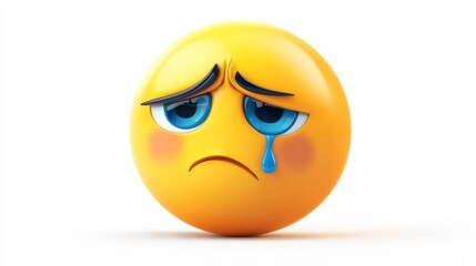 A sad yellow emoji face with a single tear drop falling down, expressing sadness and sorrow on a white background. High-quality 3D render.