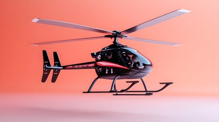 A detailed view of a realistic RC helicopter hovering against a light solid color background, showcasing its intricate rotor blades and design