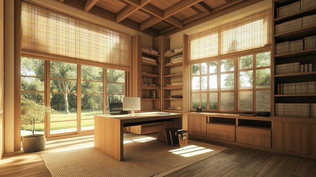 Minimalist Home Office with Wooden Desk and Natural Light.