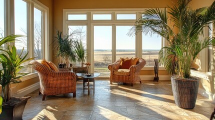 Sunlit room with wicker chairs, potted plants, and a view of the outdoors.