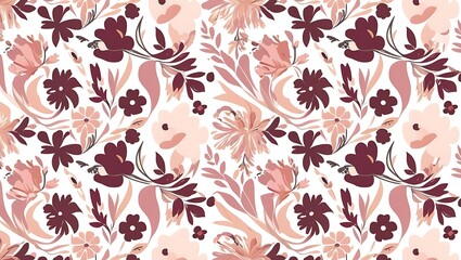 Obraz premium Create a seamless pattern featuring intricate swirls and floral elements in a soft color palette, including shades of pink, maroon, and peach