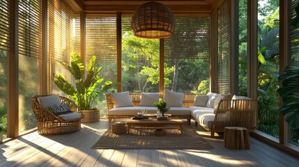 Fototapeta premium Cozy Bamboo Living Room with Tropical Views.