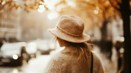 A woman wearing a stylish hat and woolen coat walks down a street lined with trees in autumn, suggesting a serene and contemplative moment amidst the hustle and bustle of urban life.
