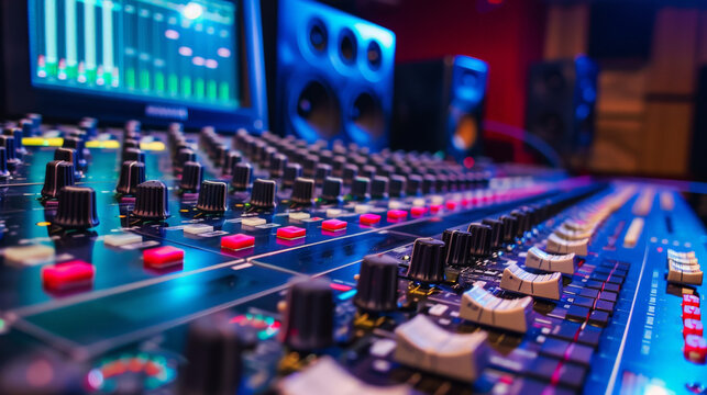 audio mixing console in recording studio