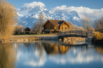 Obraz premium Wooden Cabin and Bridge Reflecting in a Tranquil Mountain Lake