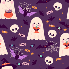 Cute Seamless Halloween pattern with ghosts and skulls. Happy Halloween, Halloween for kids. Vector illustration in flat style	
