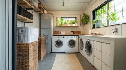Modern laundry room with wicker baskets and white cabinets.
