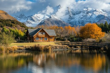 Fototapeta premium Wooden Cabin Nestled in Autumnal Valley with Snowy Mountain Range