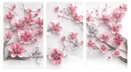 Elegant cherry blossom wall art with pink flowers on a white background, creating a serene and calming atmosphere, Perfect for artistic projects, decorations, or design inspirations.