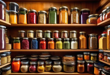 colorful pantry shelves overflowing diverse food products including canned dry condiments neat arrangement, goods, spices, grains, snacks, vibrant, storage