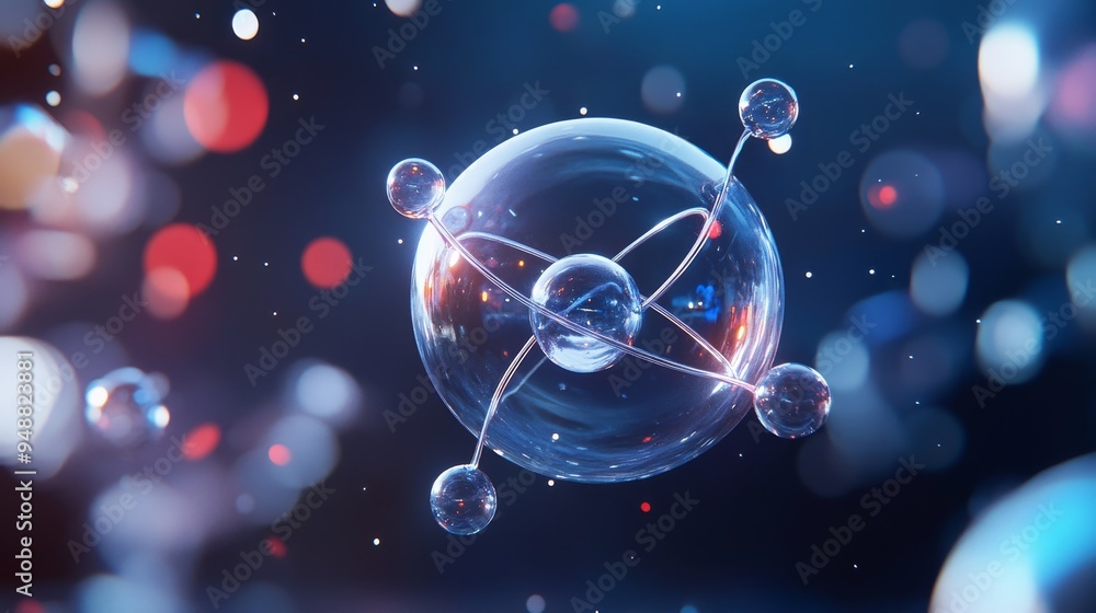 Wall mural A 3D  of an atom, showcasing its nucleus and orbiting electrons as translucent spheres connected by glowing lines. This image symbolizes the fundamental nature of matter, scientific discovery, and the