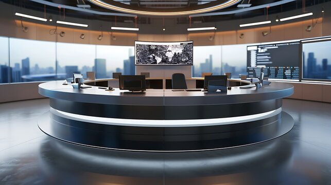 An empty curved news desk with sleek news studio with screen - Powered by Adobe