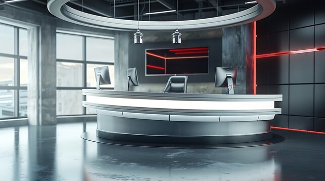 An empty curved news desk with sleek news studio with screen