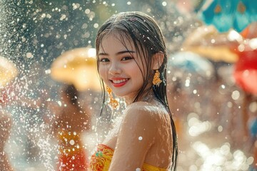 Fototapeta premium Cambodia New Year Celebration: Songkran Festival in Thailand with Water Splashing Beauty