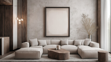 Fototapeta premium Industrial Loft Living Room Featuring Corner Sofa and Wall Art