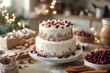 Festive White Cake Decorated with Cranberries and Snowflakes