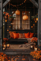 Naklejka premium Halloween, home decor and table setting for the mystical holiday Halloween, Halloween greeting banner 
