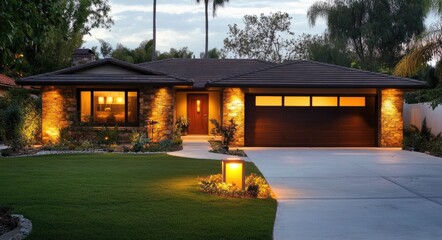 Fototapeta premium Garage Door California. Suburban House with Front Lawn in Residential Area