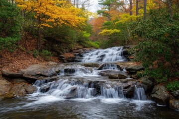 Highlands North Carolina. Glen Falls Waterfall surrounded by Highland Forest Landscape