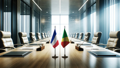 A modern conference room with France and Republic of the Congo flags on a long table, symbolizing a bilateral meeting or diplomatic discussions between the two nations.