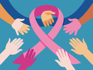 Obraz premium Multiple hands of different sizes and genders coming together to form a pink ribbon