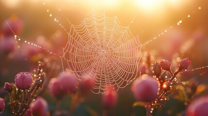 Dew-Covered Spider Web in a Garden